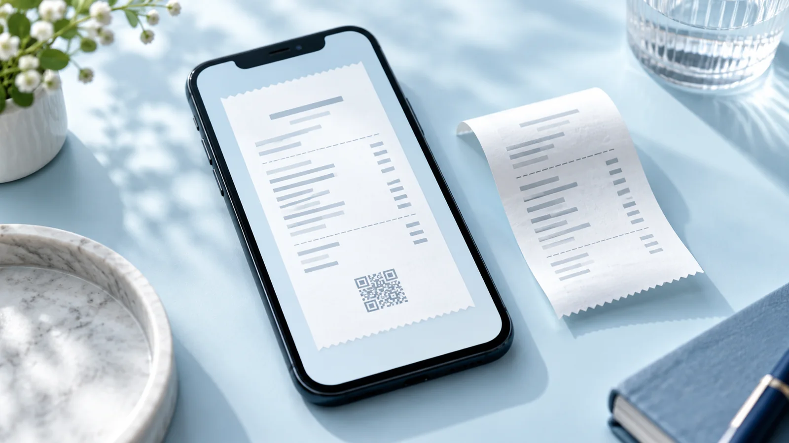 Smartphone mit einer stilisierten digitalen Belegansicht neben einem Papierkassenbeleg.