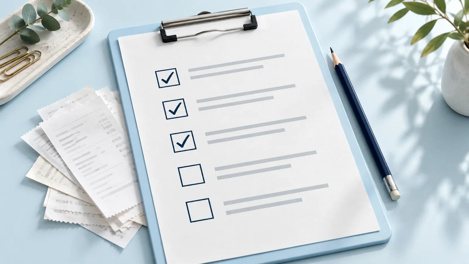 Checkliste mit drei abgehakten und zwei offenen Feldern auf einem hellblauen Klemmbrett neben Belegen.